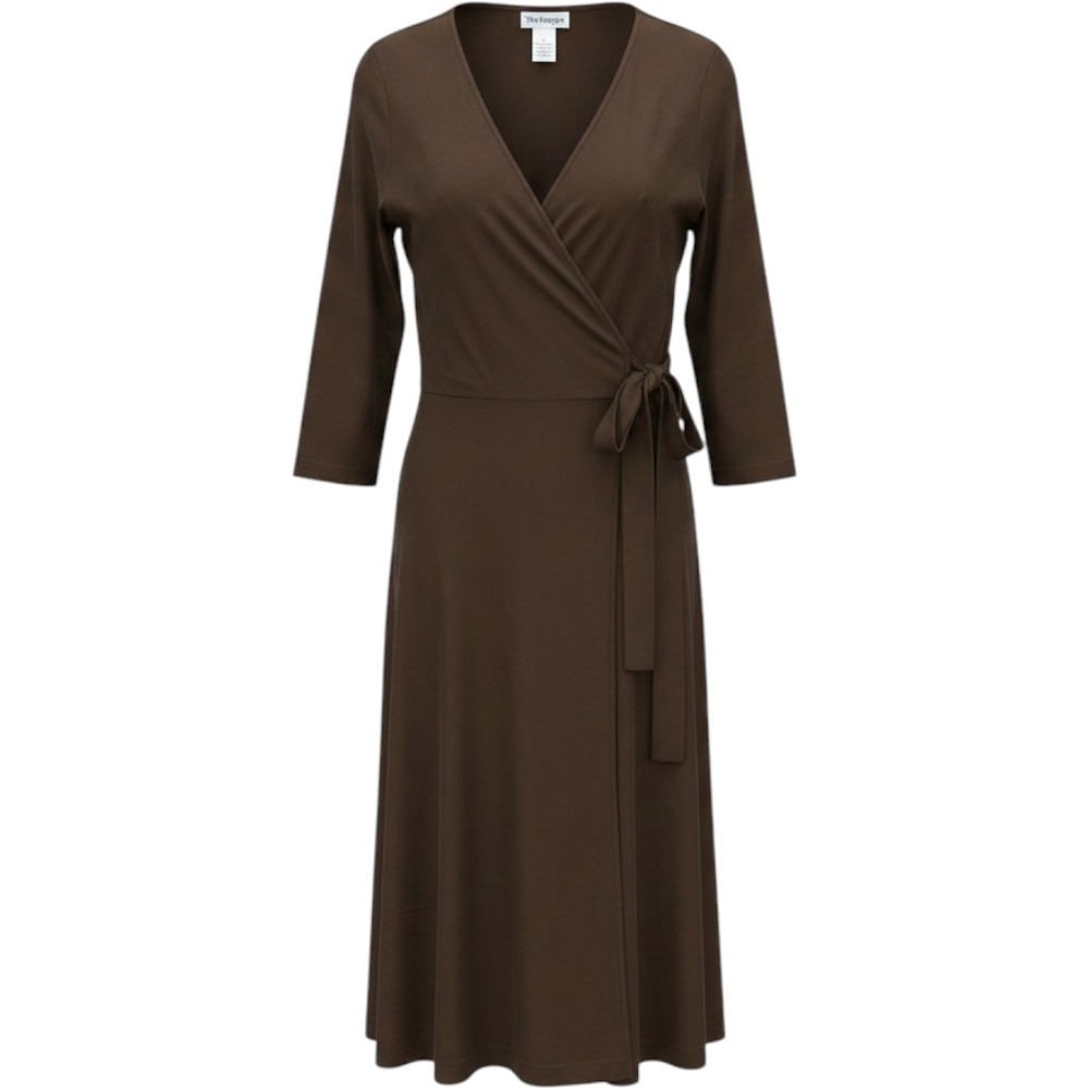 The Paragon Wrap Dress Women M Brown Cotton Midi 3/4 Sleeve V-Neck Casual Beach